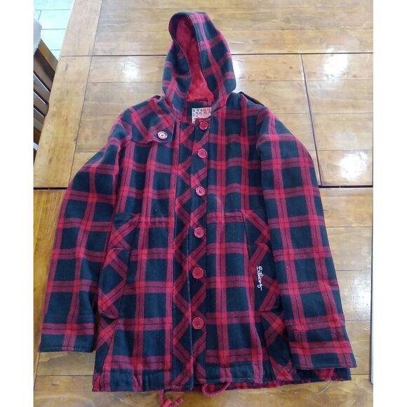 Billabong Coat Women's Medium Red Black Plaid Wool Blend Hooded Jacket Snow Ski - Picture 1 of 8
